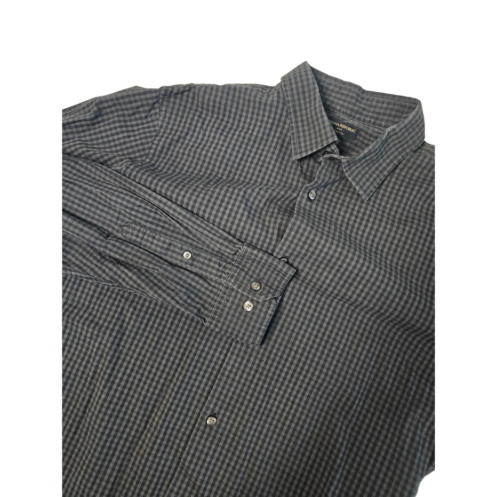 Banana Republic Mens XL Dark Gray Black Gingham Check Stretch Long Sleeve Shirt